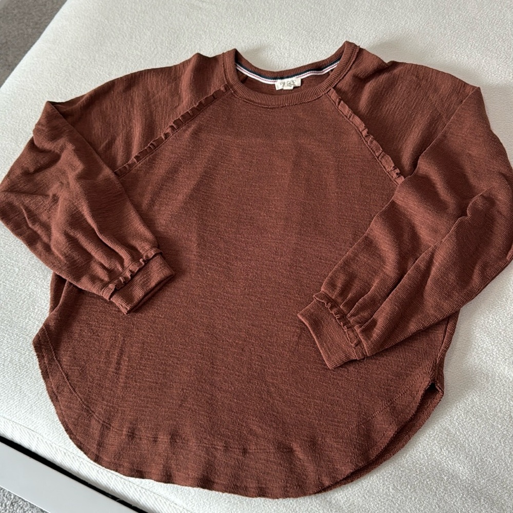 Pilcro Waffle Knit Pullover Top XS Long Sleeve Ruffle Round Hem anthropologie